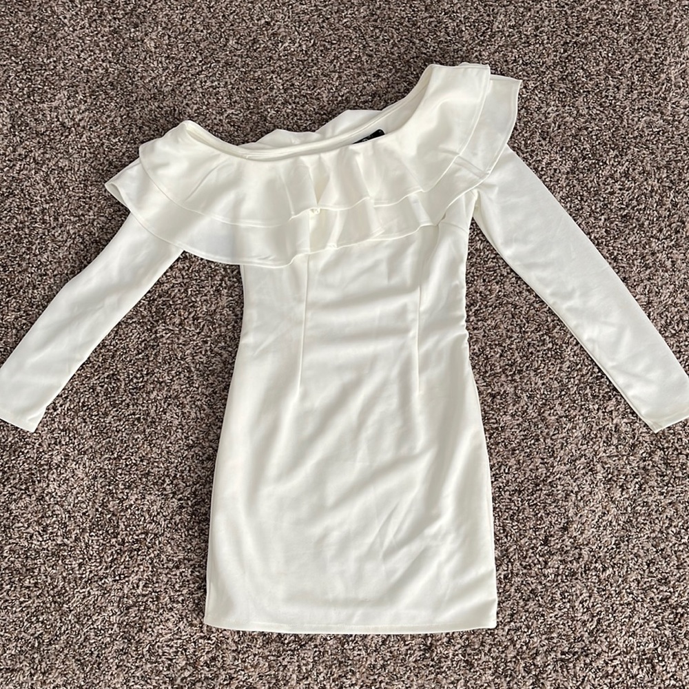 White one shoulder long sleeve mini dress